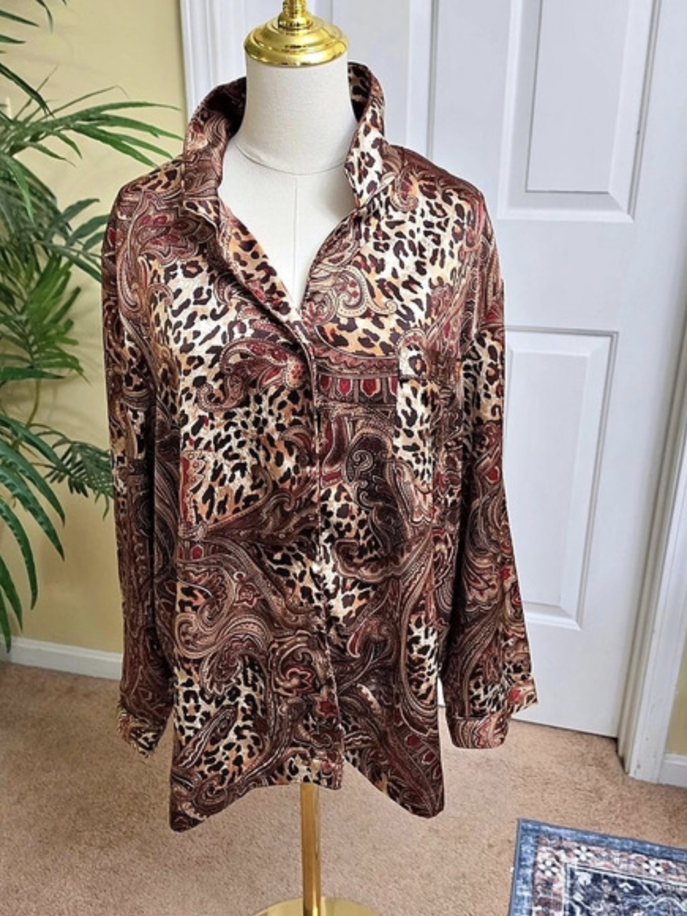 Morgan Taylor Paisley Animal Print Button Down Brown 2XL Like New